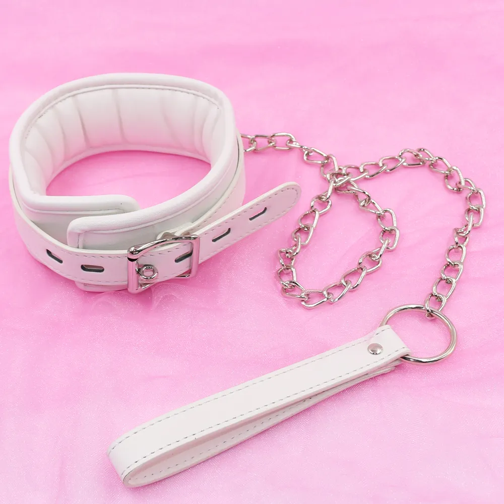 흰색 BDSM 칼라 가죽 및 철분 체인 링크 스폰지 채우기 슬레이브 칼라 여성 섹시한 장난감 커플 게임 속박 장비