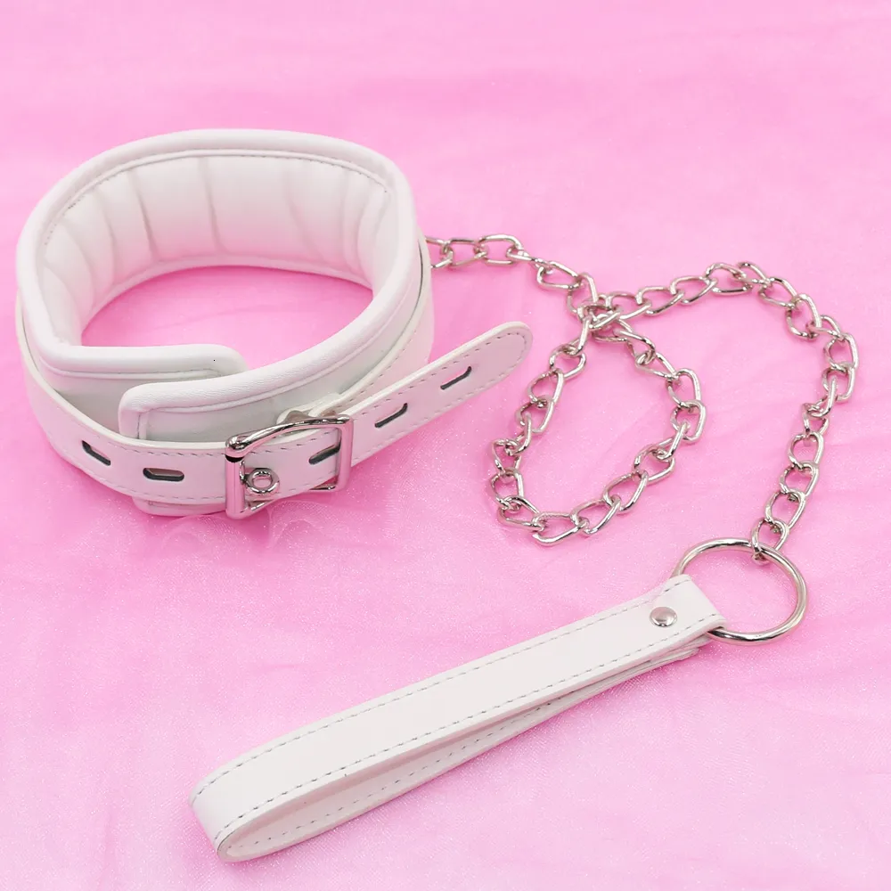 Collare Bdsm bianco Collare in pelle e catena di ferro Spugna Riempimento Collari schiavo Donna Giocattoli sexy coppie Giochi Bondage Gear