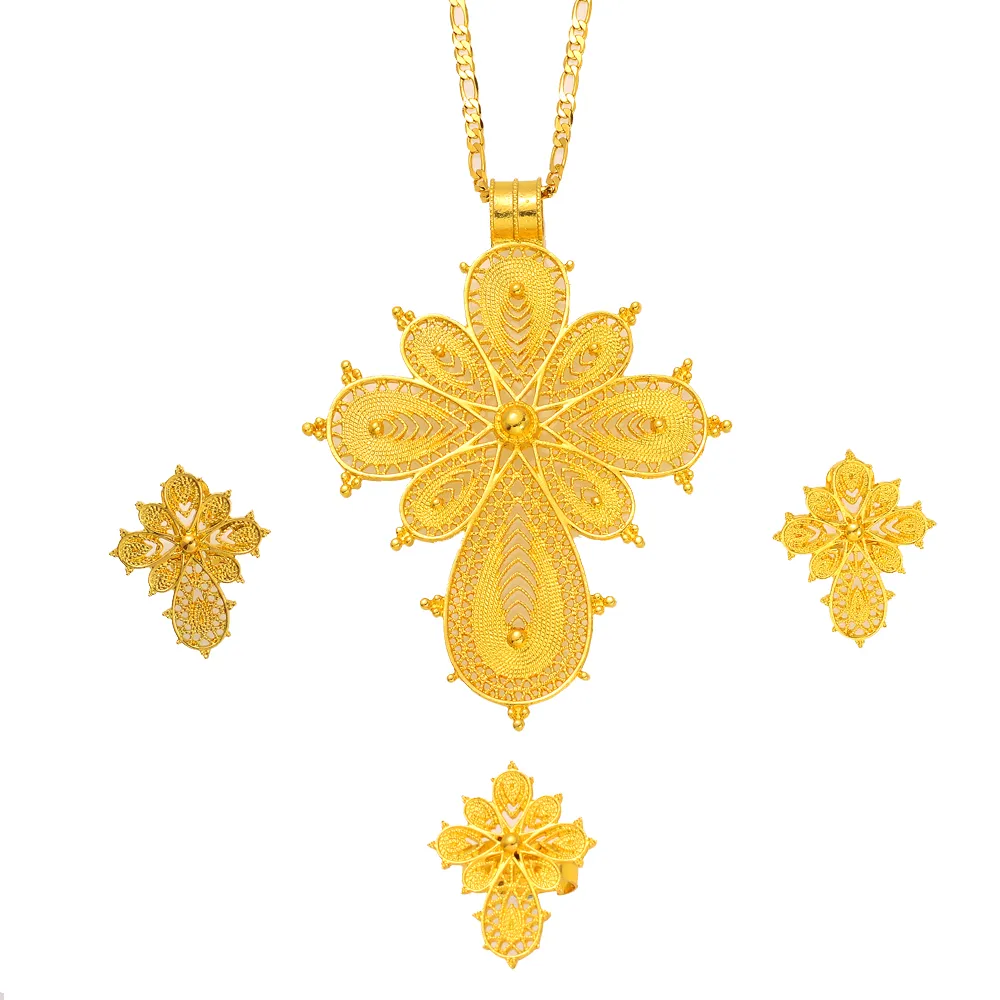 Wysokiej jakości drobne solidne 14 -krotnie złota etiopską biżuterię Zestawy biżuterii Duże krzyżowe kolczyki Pierścień Dubai Bride Habesha African Element Prezent 270L