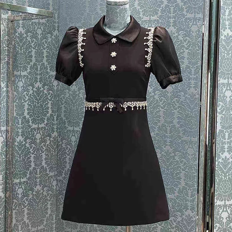 vestido de manga curta temperamento francês preto pesado indústria diamante embutido leve saia de luxo na cintura de verão novo estilo