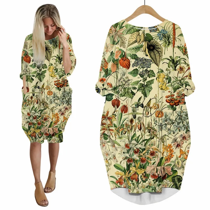 Oude Botanische Prints 3D Jurk Mode Grappige Vrouwen Jurk met Zakken Party Kleding Longsleeve Vrouwelijke Jurk W220617