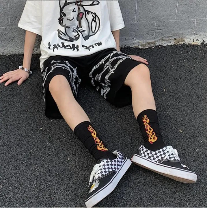 Harajuku män shorts streetwear järn kedja mönster jogger wo sommar lös elastisk midja hip hop skateboard 220318