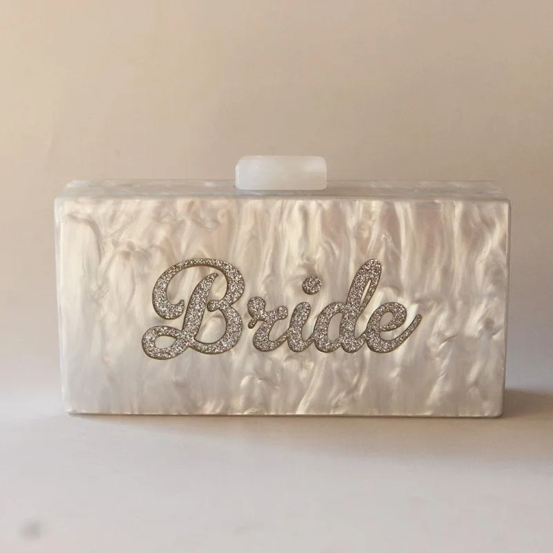 Evening Bags Pearl White With Silver Glitter Name Bride Acrylic Box Clutches Ladies Handbags Fashion Handmade Claps Beach ClutchEv250H