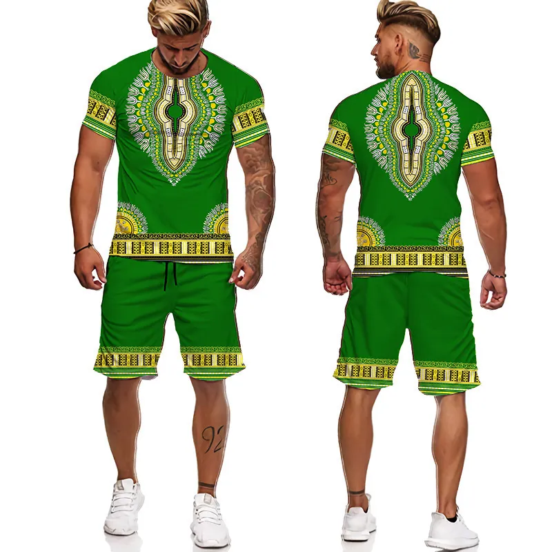 Mannen Afrikaanse Stijl Totem Print Trainingspak Vintage Outfits Zomer Joggingpak T-shirt Shorts Casual Stijlvol Sweatsuit Set Kleding 220622