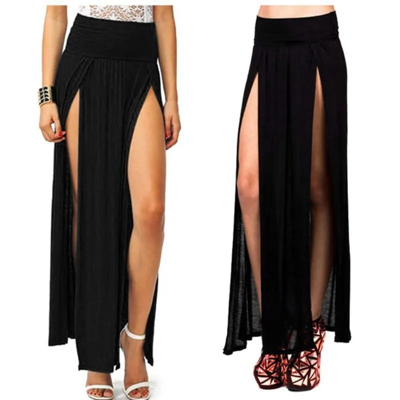 Womens Hoge Taille Sexy Double Slit Front Open Brei Maxi Lange Rok Effen Kleur Geplooide Onregelmatige Hem Beach Bikini Cover Up 220317