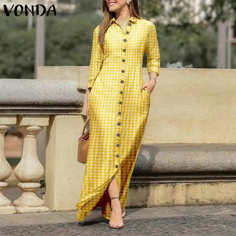 VONDA Femmes À Manches Longues Maxi Robe D'été Vintage À Carreaux À Carreaux Turn Down Neck Chemise Robes Bouton Up Party Vestidos Robe 220613