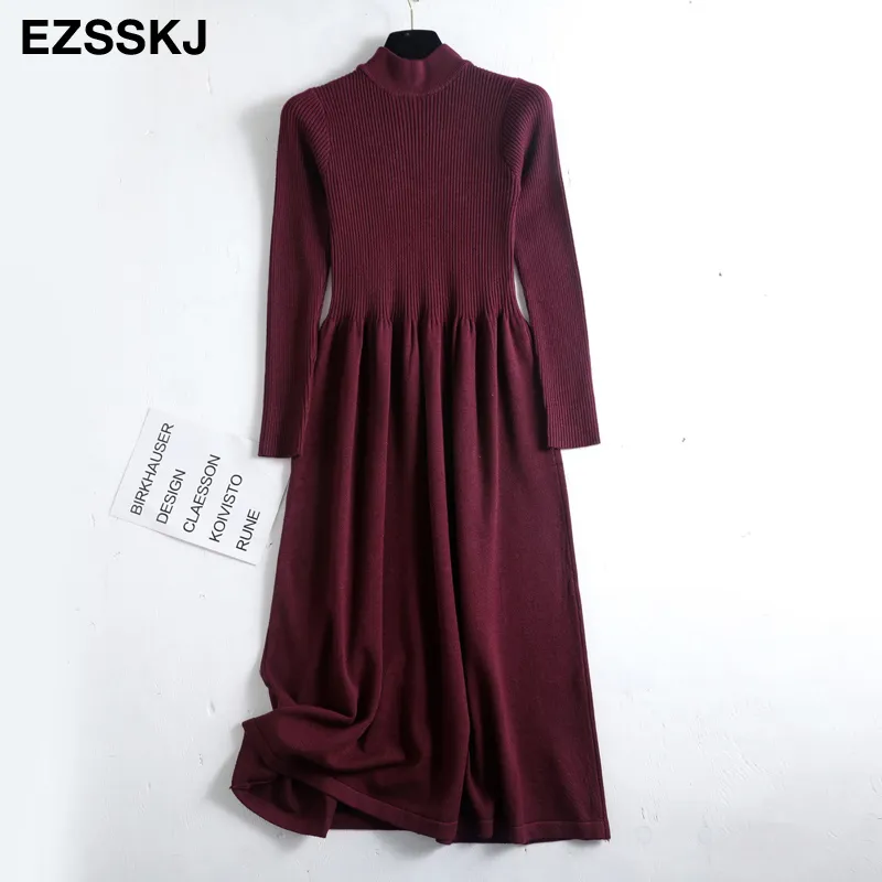 Herbst Winter Stricken Langes Kleid Frauen Casual Oansatz Schlank Bodycon robe Pullover Kleider Büro Dame DICKES MAIX Kleid 220317