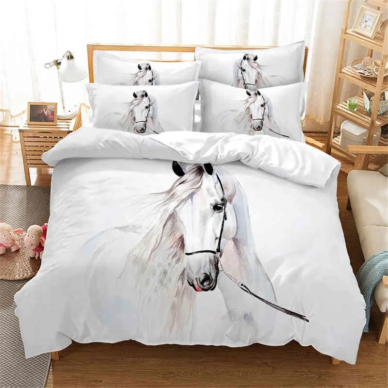 Weißes Pferdebettwäsche-Set, Queen-Size-Bettbezug, Baumwollzimmer