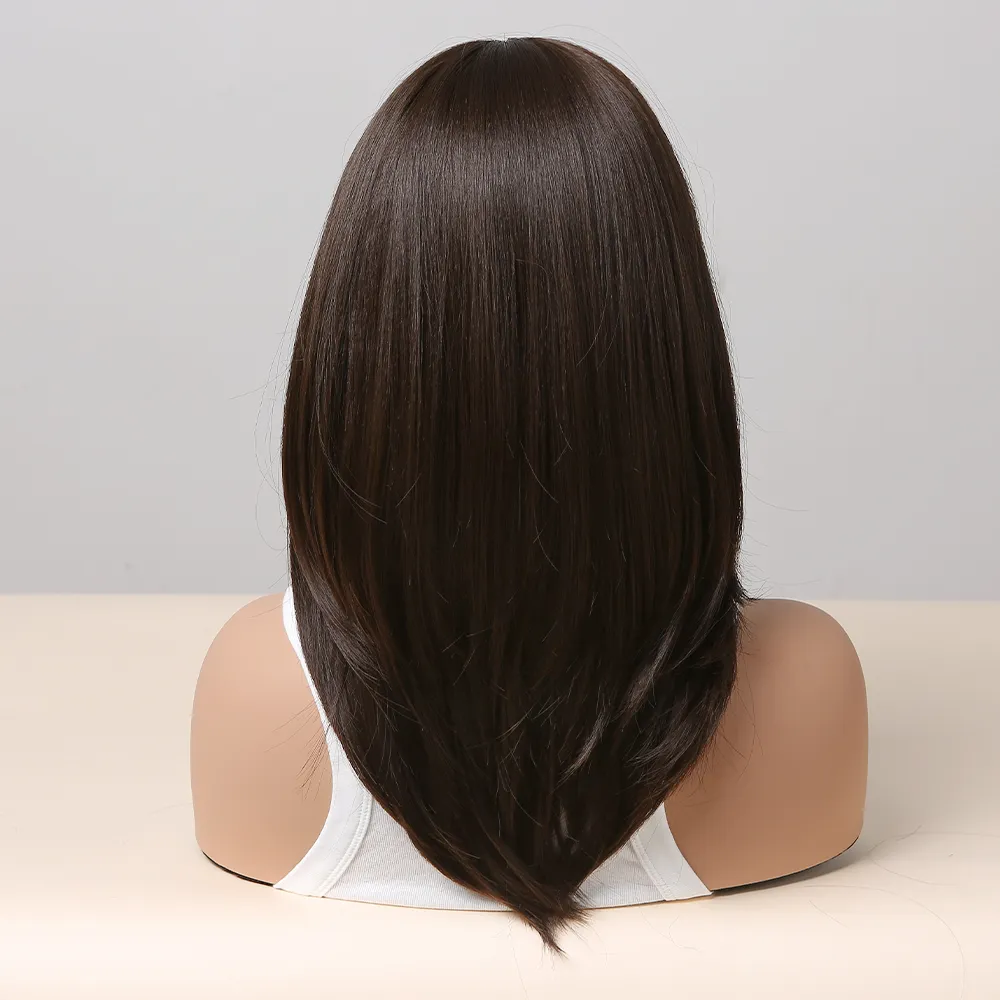 Syntetiska peruker mitten långa naturliga vågor peruk mörkbrunt skiktat hår med sidosam för kvinnor dagliga party värmebeständig fibrefactory direkt