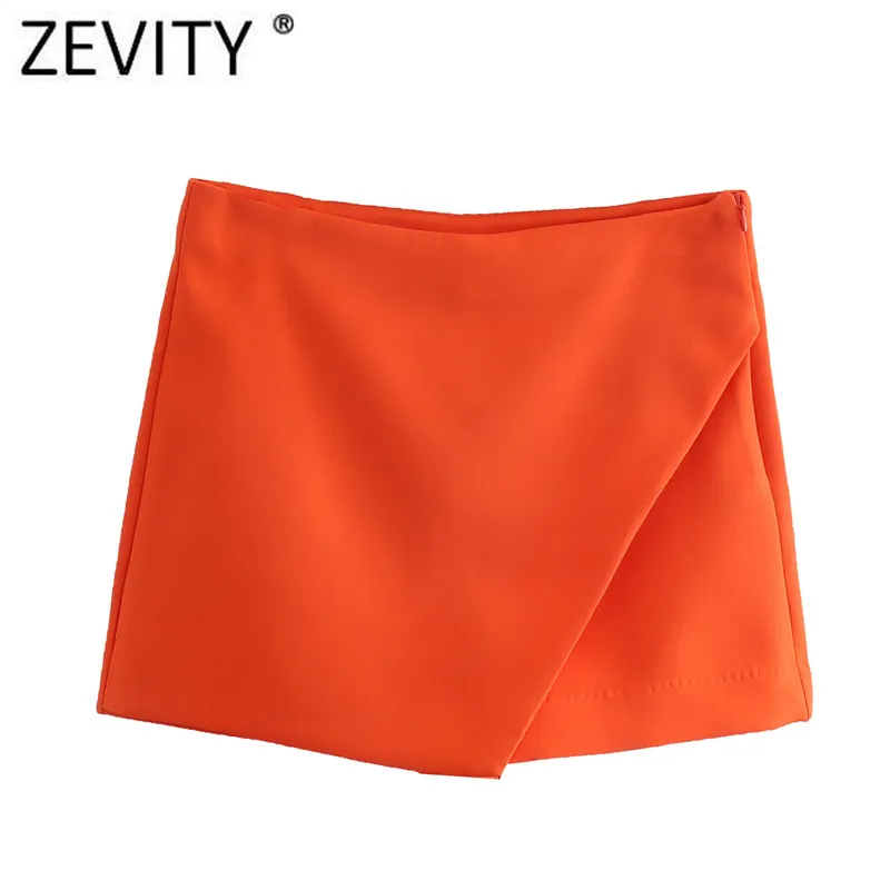 Zevity 여성 패션 패션 캔디 색상 비대칭 반바지 스커트 레이디 지퍼 플라이 포켓 세련