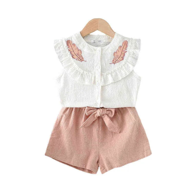 Nuevo traje de verano para niños, niñas bordadas con volantes florales de encaje sin mangas, camisa de plumas, conjunto de pantalones cortos, conjunto de ropa para niñas G220509