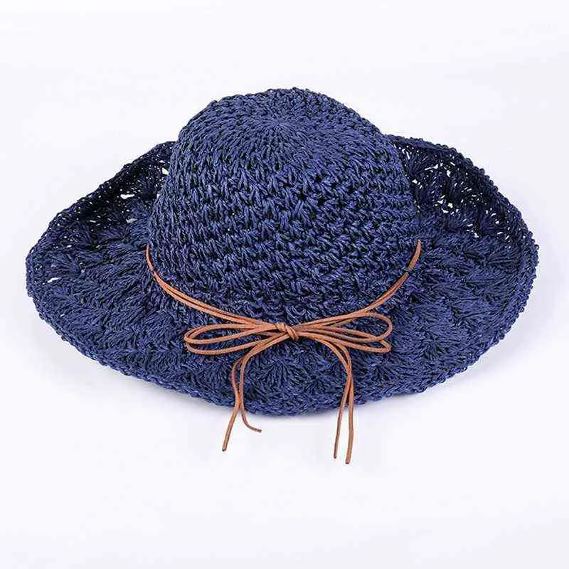 Yaz Kadın Hasır Plaj Şapka Büyük Brim Katlanabilir Güneş Şapka El Yapımı Tığ Güneş Koruma Şapka Kadın G220301