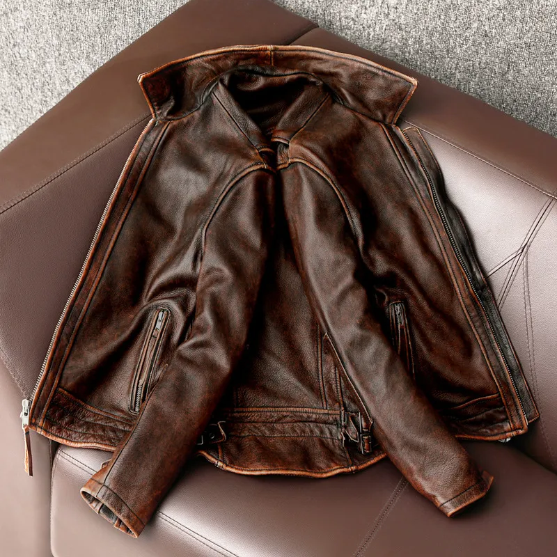 Мужская куртка из натуральной кожи Vintage Brown 100% Cowhide Coat Man Slim Fashion Biker Clothing Asian Size S6XL M697 Drop 220810