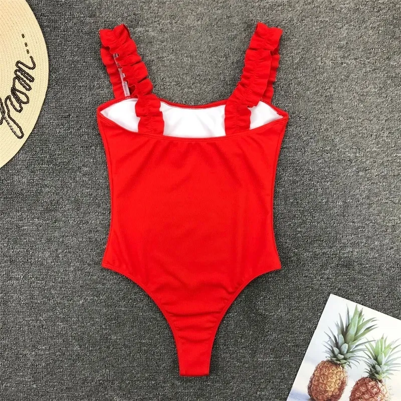 Gossina Sexy Female Swimsuit Vintage Ruffled Push Up Solid Red Swimwear Women Monokini Padded Bathing Suits 220621