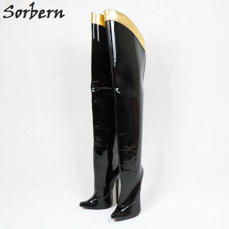 Sorbern 18 سنتيمتر الخنجر فوق الركبة أحذية للنساء مخصص الساق العجل الحجم الصلب رمح الذهب الذهب الشريط تقليم منتصف الفخذ التمهيد براءات الاختراع الأسود