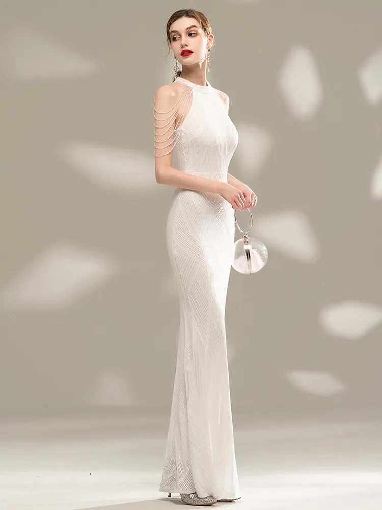 Vestido de noite YIDINGZS elegante ombro a ombro com lantejoulas vestido maxi branco colado no corpo para festa feminina 18126 220510