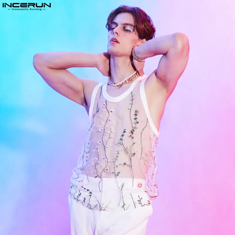 Men Tank Tops Mesh See Through Embroidered Sleeveless O Neck Breathable Streetwear Vests Sexy Casual Men Tops S-5XL INCERUN 220627
