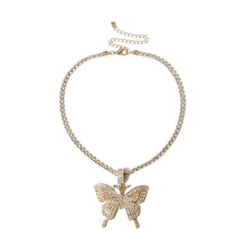 Statment Big Butterfly Pendant Necklace Hip Hop Iced Out Rhinestone Chain for Women Bling Tennis Chain Crystal Animal Choker Jewel170Z