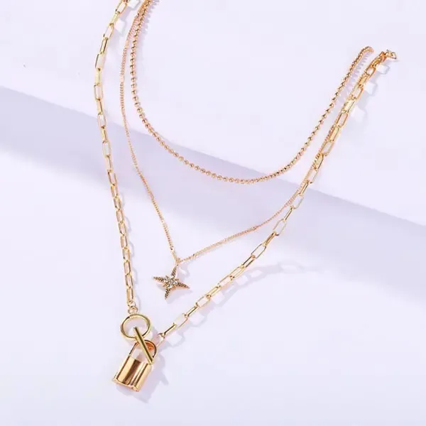 European and American necklace women new alloy clavicle chain creative personality multi-layer eight-pointed star lock pendant mul2947