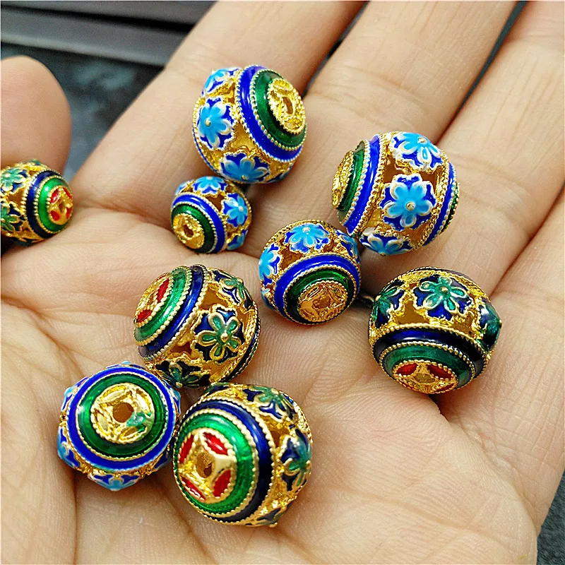 Cloisonne Round Beads Diy مصنوعة يدويًا حبات الزهرة الصغيرة الملحقات النحاس المحترق الأزرق الزرق