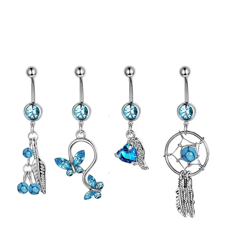 Anelli con bottone a campana Combinazione di anelli ombelico serie blu da 5 pezzi squisita unghia ombelico in zircone