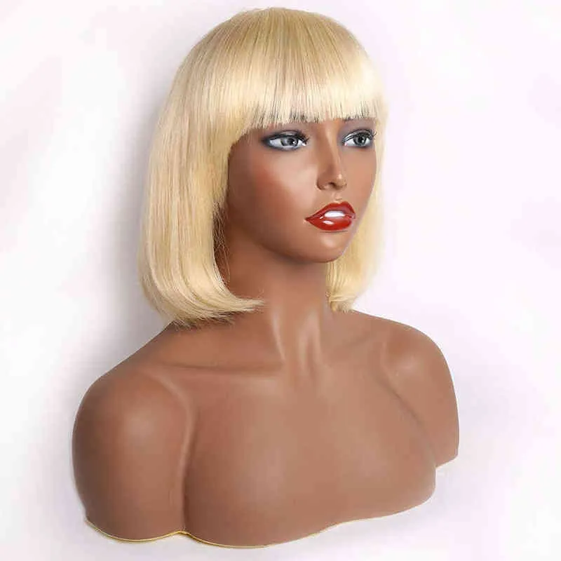 Krótka prosta miodowa blondynka Bob Pixie Cut Faid Fare Non Lace Human Hair Peruka z grzywką dla czarnych kobiet Remy Brazilian 220713