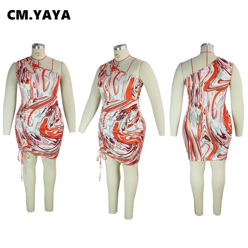 CM.YAYA, vestido de talla grande para mujer, estampado de un hombro, sin mangas, fruncido, elástico por encima de la rodilla, vestidos a la moda, atuendo de verano 220516