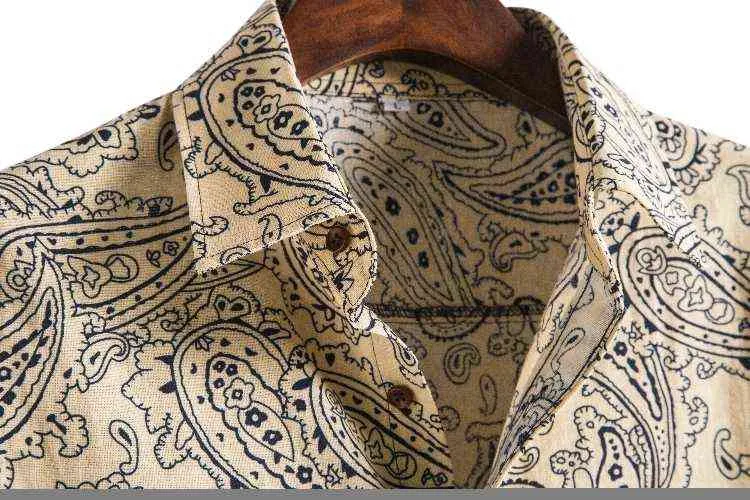 Camicia di lino in cotone con stampa Paisley Uomo 2022 Camicie eleganti abbottonate casual di marca Uomo Harajuku Casual manica lunga Chemise Homme L220704