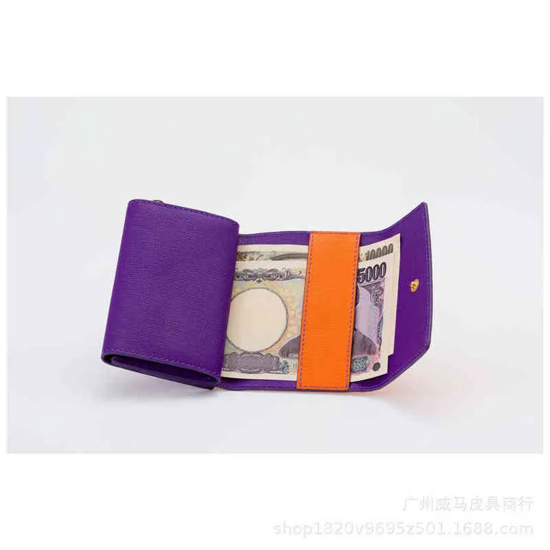 Japanese Creative Leather Cross Stitched Contrast Short Wallet Leather Three Fold Coin Pocket Wallet 220712