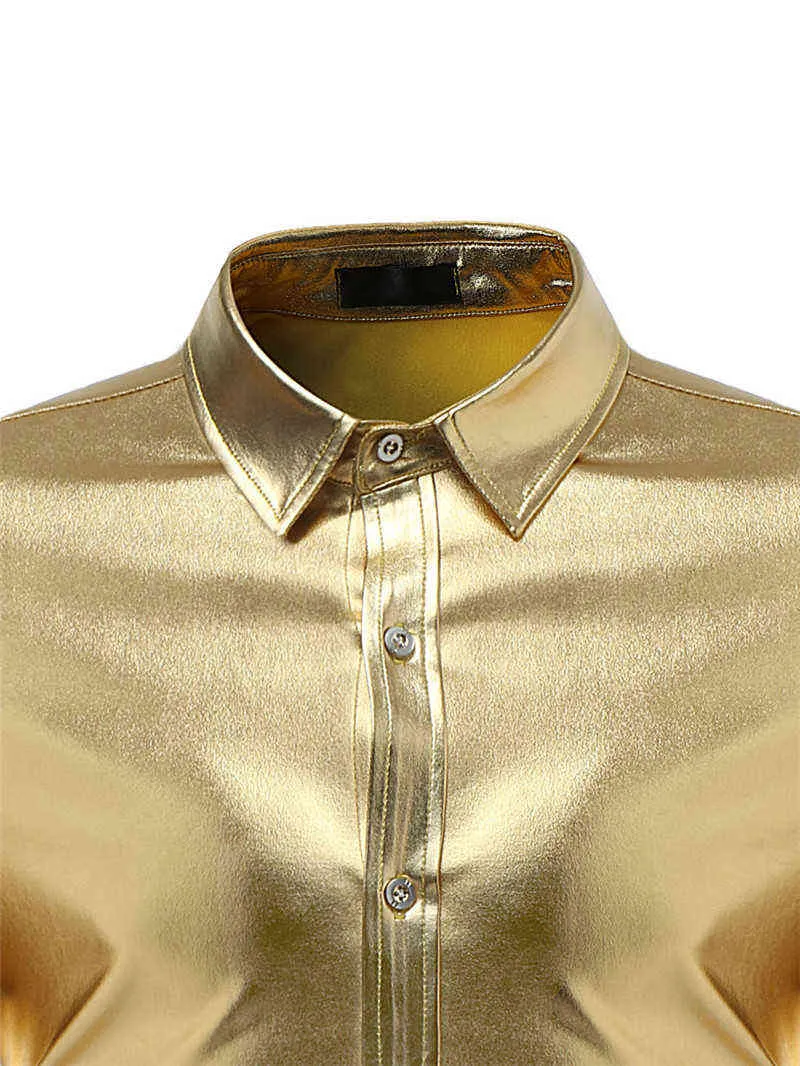 반짝이 금 코팅 금속 셔츠 남자 2022 패션 남성 DJ 나이트 클럽 셔츠 슬림 핏 chemise homme 힙합 스트리트웨어 남자 셔츠 L220704