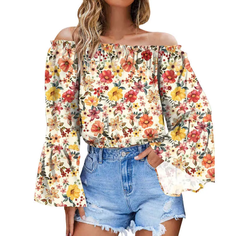 Summer Sexy Off Shoulder Slash Neck Women Blouse Off The Shouler Crop Tops Long Bell Sleeve Blouses For Women Sexy Shirts Causal L220705