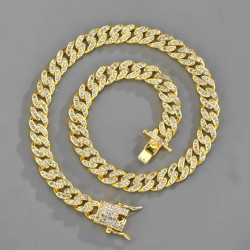 Цепочки 10 мм Майами кубинское колье-звено ожерелье серебряного цвета Iced Out Bling для мужчин хип-хоп ювелирный стиль полная дрель-цепочка GiftChains243t