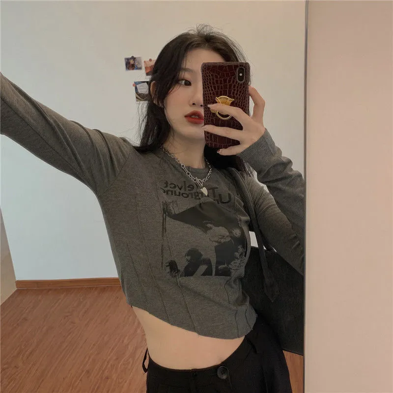 Korean Moda Odzież Casual Slim T-Shirt Dla Kobiet O Neck Z Długim Rękawem Sexy Crop Top Grunge Letters Drukuj Kobieta 220402
