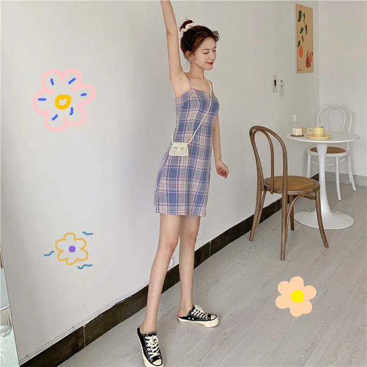 Summer women s dress Y2K slim and thin plaid skirt small fresh retro sweet student sling clothing Dresses 220602