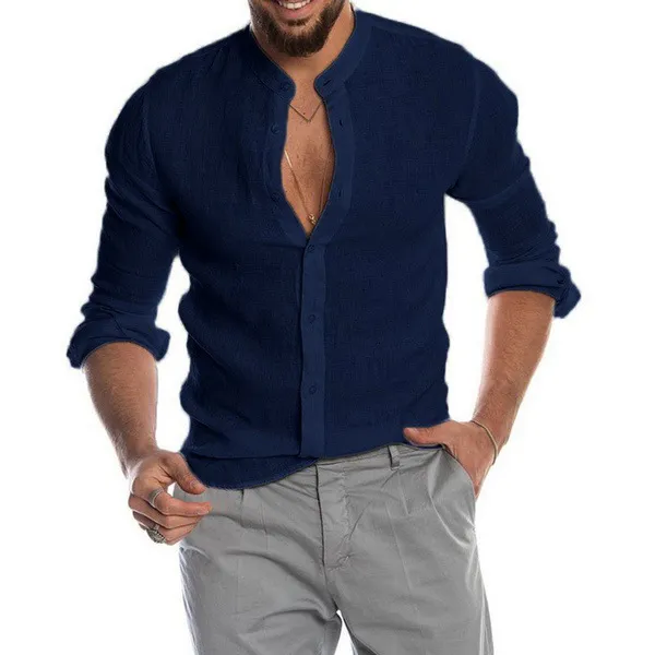 Pościel męskie koszule z długim rękawem Casual Slim Mężczyźni Prosta konstrukcja Solid Colors Stand Collar Bluzki Luźne Przystojny Tee 220322
