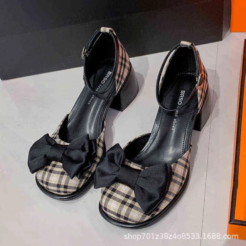 Mary Jane High Heels Black Summer Bow French Small Leather Shoes Single Thick Fashion Sandals 220506