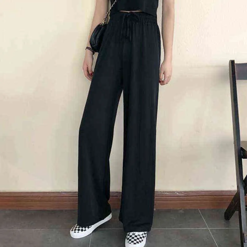 Calça de boquete larga feminino puro e preto cálculo coreano lazer solto cintura alta feminino primavera longa diariamente calças streetwear l220725
