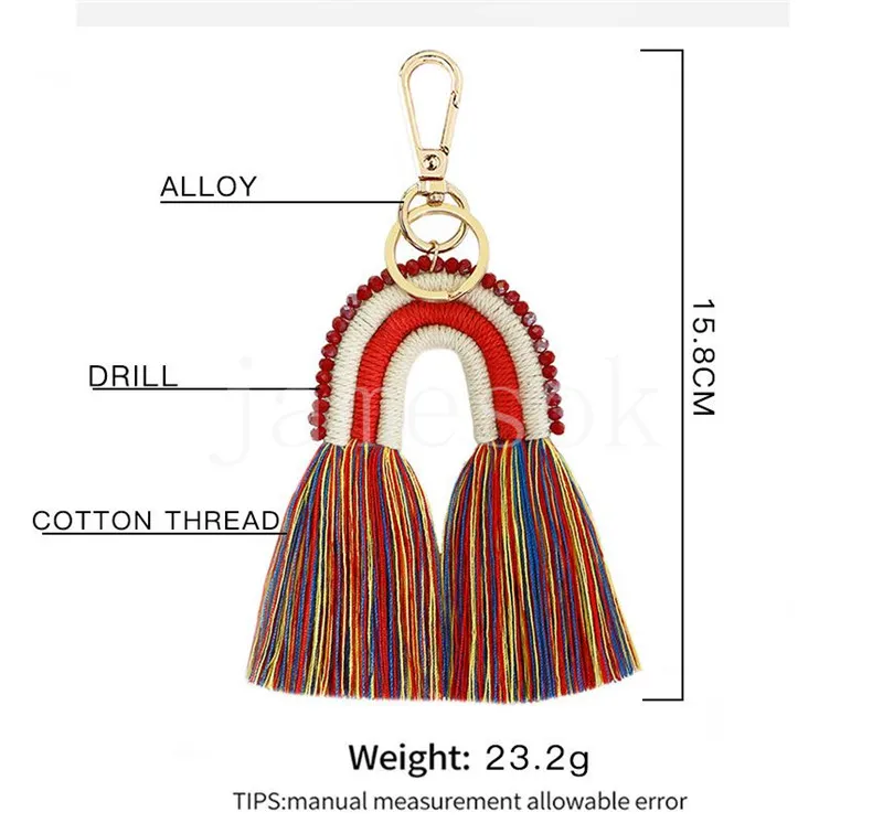 Etnische handgemaakte macrame sleutelhangers voor vrouwen tassen accessoires sieraden Boho Rainbow Weave katoen omzoomd sleutelhangers cadeau de623