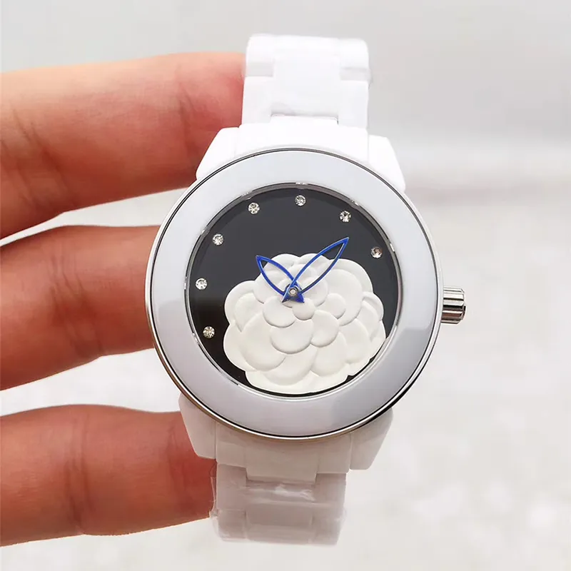 Women Ceramic Watch 3D Camellia Fashion Casual Women's Quartz Analog Wrist Watch Gift256Z