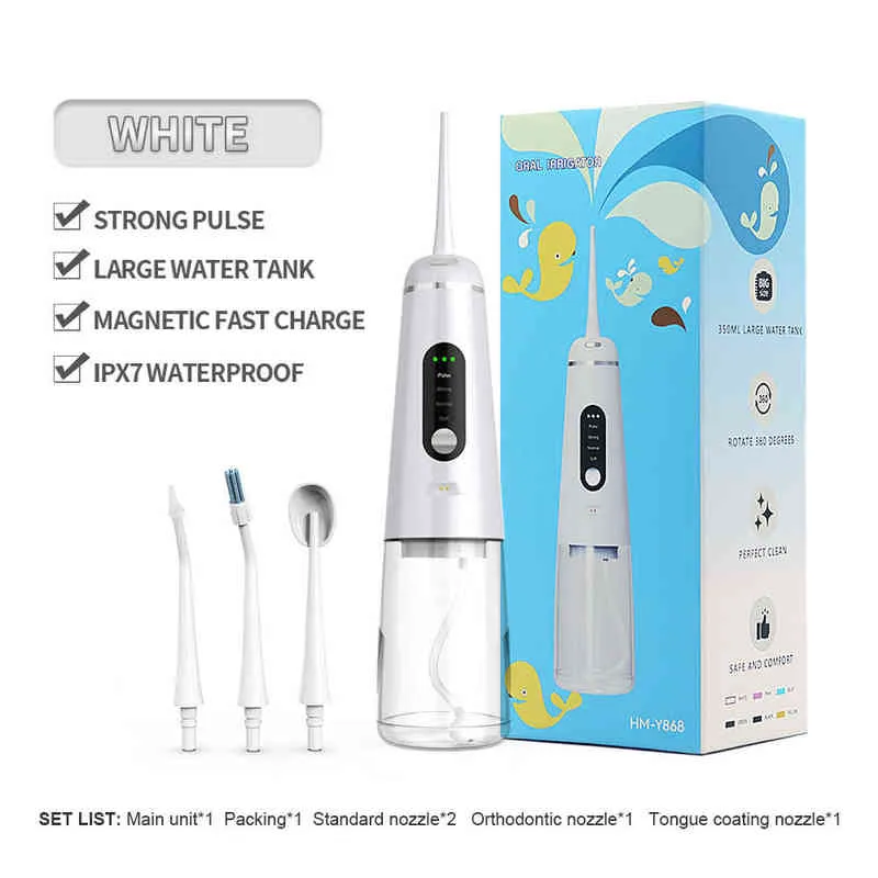 350 ml orale irrigator water flosser USB oplaadbare straaltandreiniger tandheelkundige tanden bleken met 4 sproeiers 220513