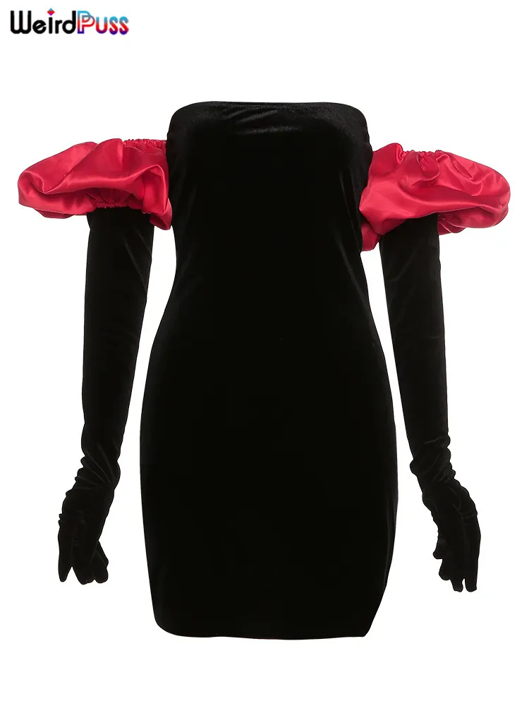 Konstig pus stropplös sammet klänning elastisk bodycon med moln handskar födelsedag semester party franska romantiker streetwear 220509