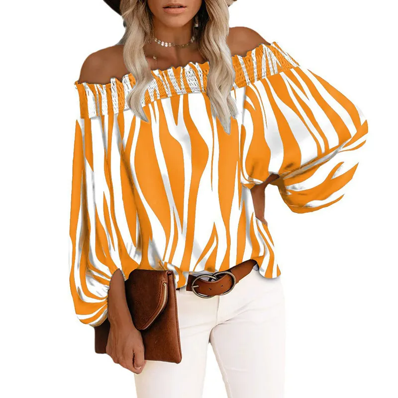 Sexy Off Shoulder Stripe Print Chiffon Shirt Women Fashion One Neck Lantern Long Sleeve Pullover Tops Street Vintage Lady Blouse 220511