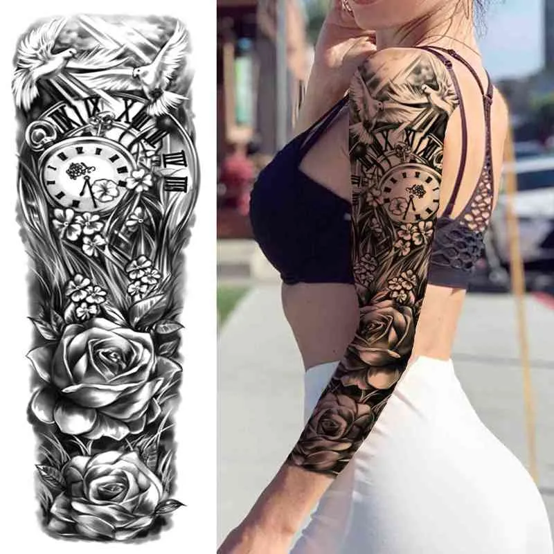 NXY Tymczasowy Tatuaż Tribal Totem Sleeve Dla Mężczyzn Kobiety Dorosłych Fałszywe Kwiat Ramię Tatuaże Naklejki Czarna Czaszka S Duża Pełna Ramię 0330