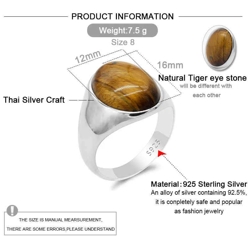 호랑이 눈 S925 스털링 실버 자연 보석 레트로 간단한 남자 반지 남성과 여성을위한 터키어 보석
