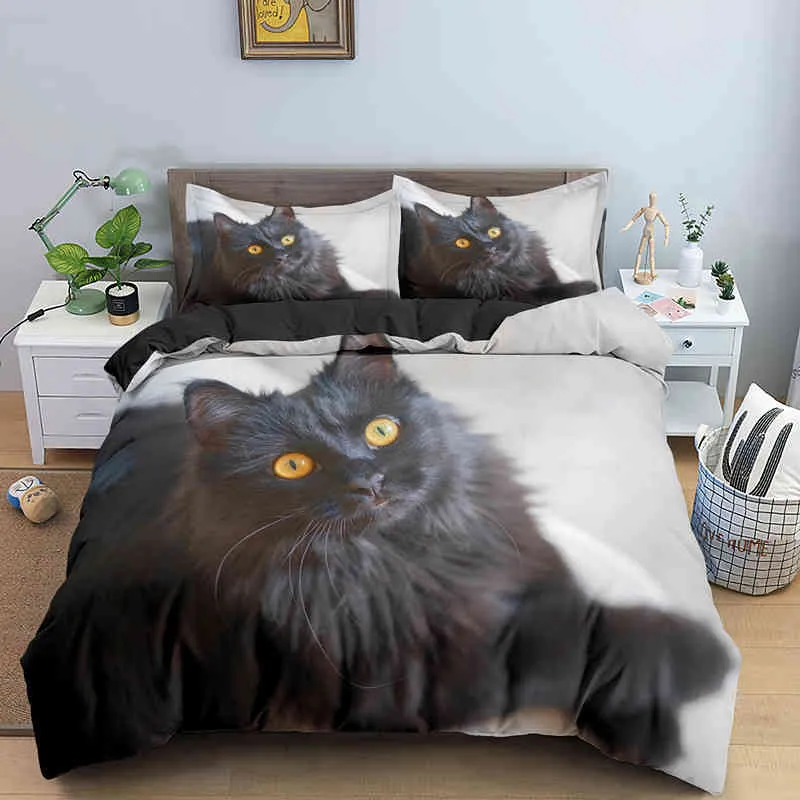 Parure de lit chat noir, taille King/Queen, 3D, mignon, bleu foncé, décoration de chambre à coucher, housse de couette pour enfants, adolescents et adultes avec taie d'oreiller