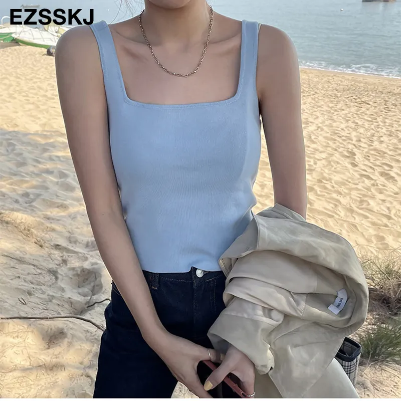 hoge kwaliteit zomer tube tops vrouw mouwloze tank top slim gebreide witte zwarte Koreaanse chique dames crop top 220316