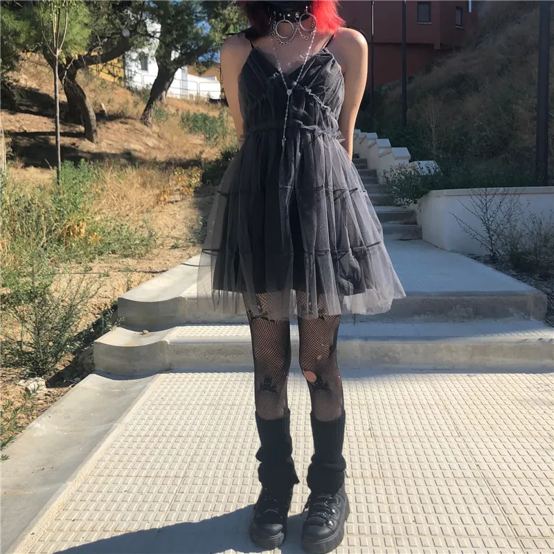 AltGirl Koyu Gotik Örgü Elbiseler Peri Grunge Vintage Punk Straplez Yüksek Bel Elbiseler Harajuku Mall Goth Emo Alt Partywear 220425