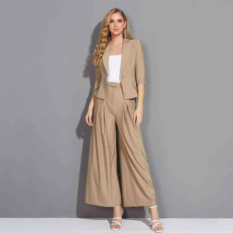 Lente elegante slijtage dame kleding 2 stuks set blazer bovenaan en breedbeenbroek voor kantoor vrouwen T220729