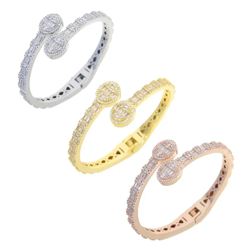 Iced Out rocking CZ Custom Estens Oval Charm Bangle Bracelet للنساء الرجال الفاخرة الهيب هوب المجوهرات المطلية بالذهب الفضي Rose بالجملة