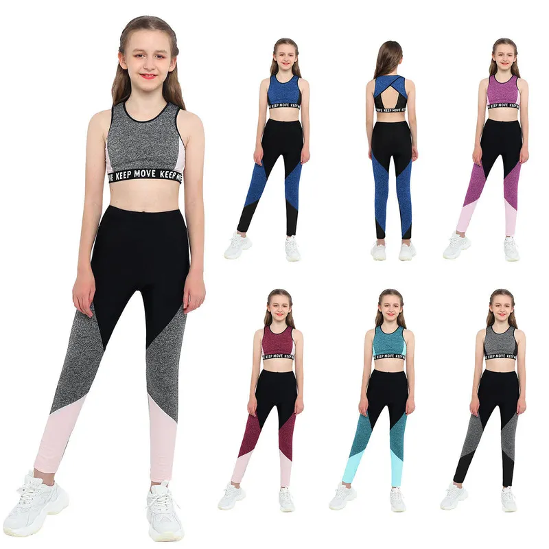 Kinder Mädchen Dancewear Gymnastik Sets Ballett Tanz Outfits Patchwork Sport Tank Tops Leggings Hosen Yoga Laufen Workout 220715